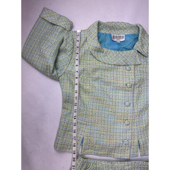 Light Academia Julian Taylor Tweed Skirt Suit Blazer Plaid Blue Yellow Size 8P - Picture 5 of 11